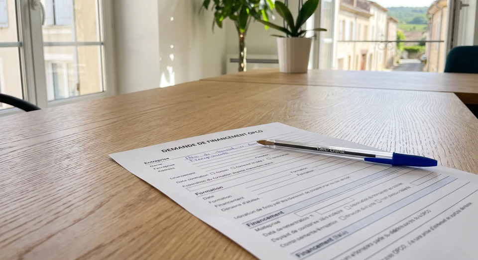 Gros plan sur un formulaire de demande de financement OPCO posé sur un bureau en bois clair, avec un stylo bleu repositionné au-dessus du document, mettant en évidence l'engagement administratif pour le financement d'une formation professionnelle. Lumière naturelle, ambiance professionnelle et claire.